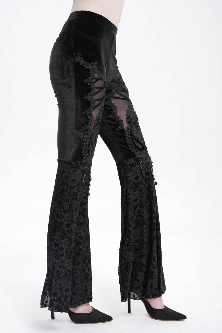 Black Hollow Floral Embroidery Women's Gothic Flared Pants - Product - 12