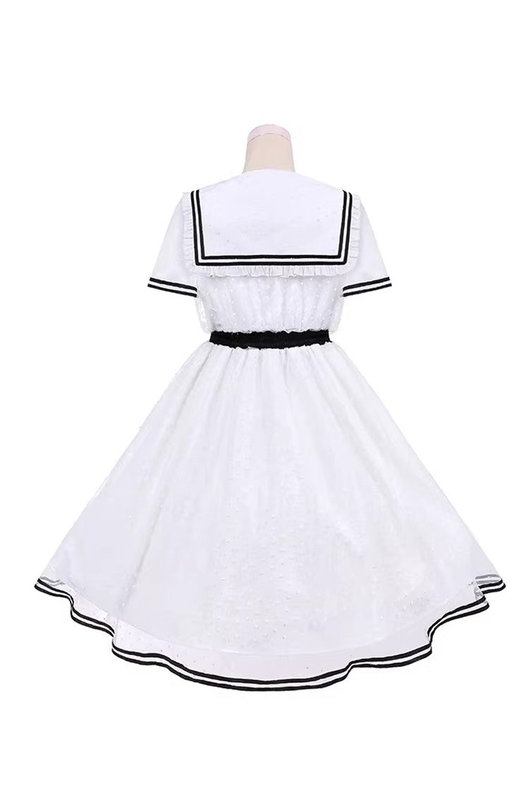 White [Seaside Sweetheart] Chiffon Navy Collar Short Sleeves Ruffled Lace-Up Slim Sailor Sweet Lolita Dress - Product - 12