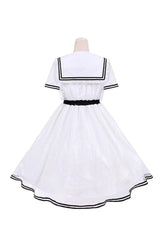 White [Seaside Sweetheart] Chiffon Navy Collar Short Sleeves Ruffled Lace-Up Slim Sailor Sweet Lolita Dress - Product - 12