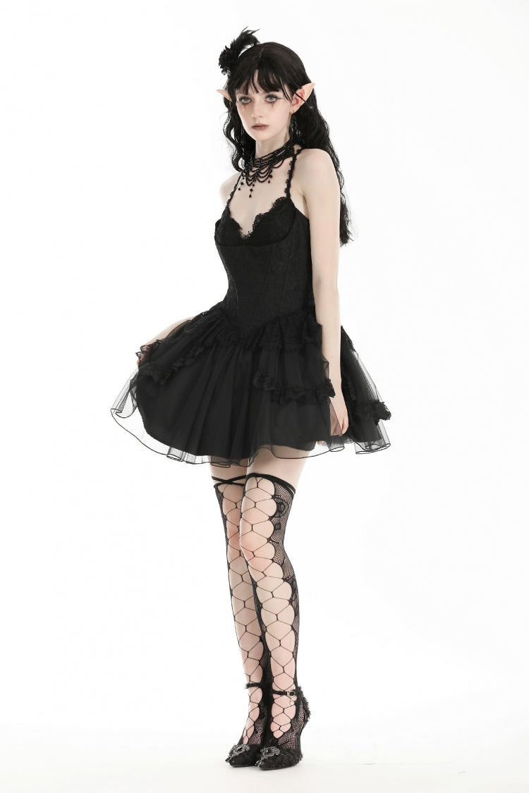 Black V Collar Sleeveless Multi-Layered Lace Trim Lace-Up Women's Gothic Party Slip Graduation Dress - Product - 11