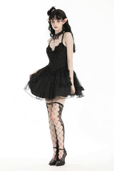 Black V Collar Sleeveless Multi-Layered Lace Trim Lace-Up Women's Gothic Party Slip Graduation Dress - Product - 11