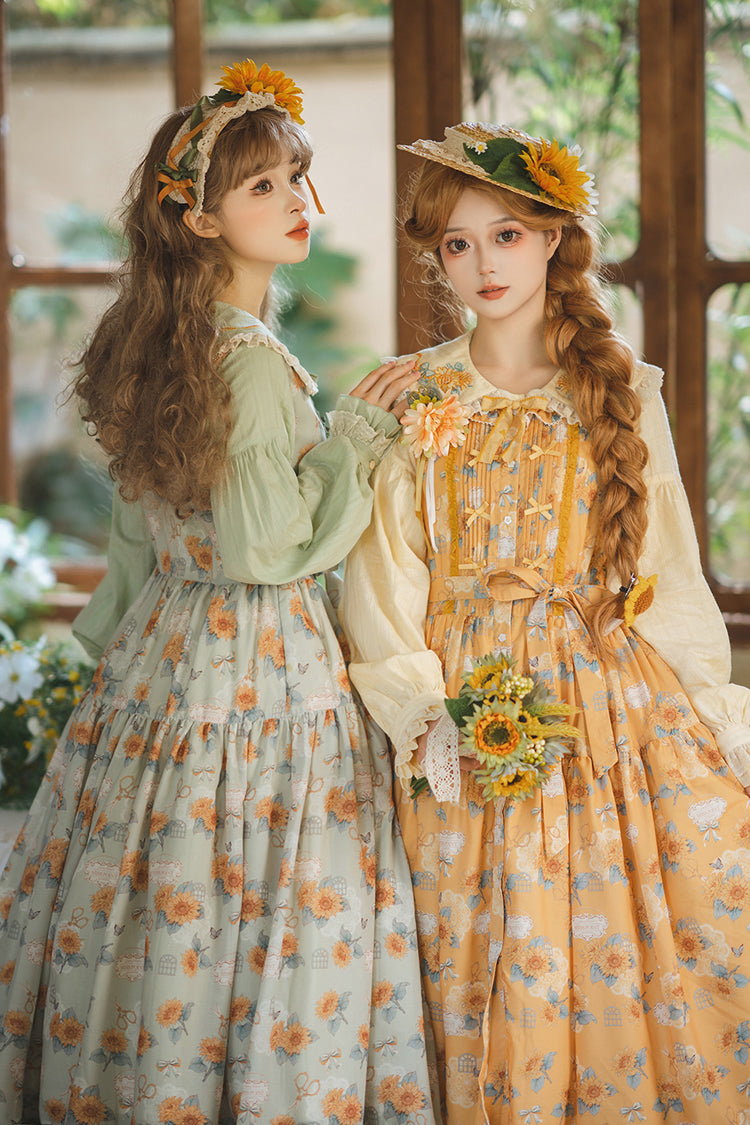 Green [Gardening Sunflower] Sleeveless Print Ruffle Bowknot Sweet Elegant Lolita Jsk Dress - Product - 6