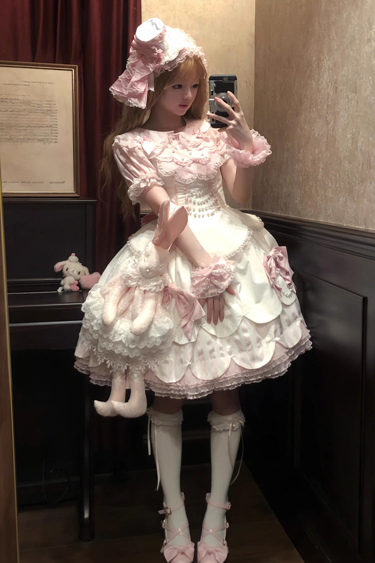 White/Pink Sleeveless Multi-Layered Ruffle Bowknot Lace Pearl Sweet Lolita Jsk Dress - Product - 6