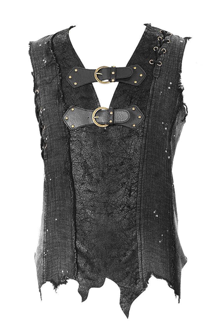 Black V-Neck Sleeveless Ripped Buckle Straps Men's Gothic Vest - Product - 5