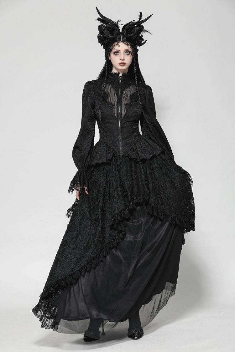 Black Stand Collar Long Trumpet Sleeves Lace Sheer Lace-Up Women's Gothic High Low Tail Coat - Product - 11