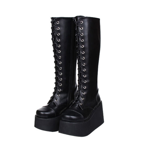 Black Concise Lace Up Sweet Lolita High Boots - Black - 1