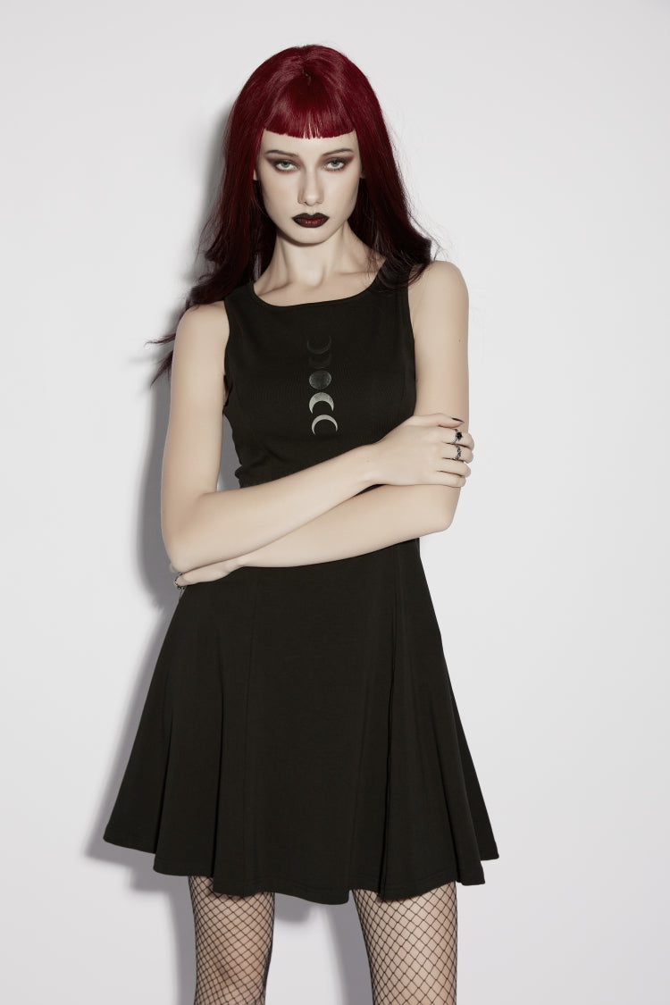 Black Off Shoulder Sleeveless Women's Gothic Moon Phase Printed Dress Graduation Dress - Product - 5