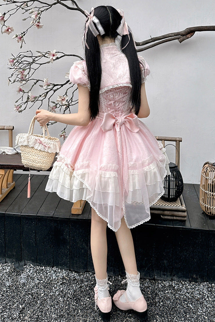 Pink [Spring Flower Notes] Ruffle Bowknot Lace Sweet Princess Lolita Jsk Dress - Product - 5