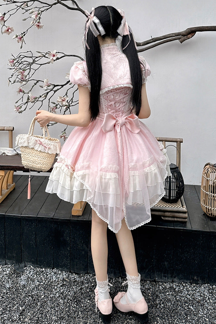 Pink [Spring Flower Notes] Ruffle Bowknot Lace Sweet Princess Lolita Jsk Dress - Product - 5