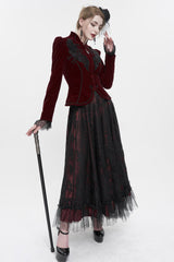 Red Stand Collar Velvet Applique On Chest Pendant Zipper Long Sleeve Women's Gothic Jacket - Product - 4