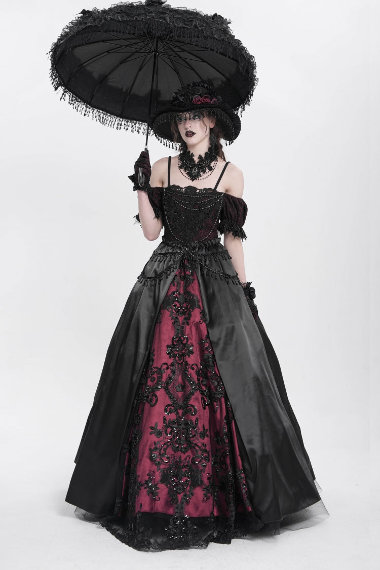 Black/Red Off Shoulder Embroidery Stitching Lace Women's Gothic Dress - Product - 10