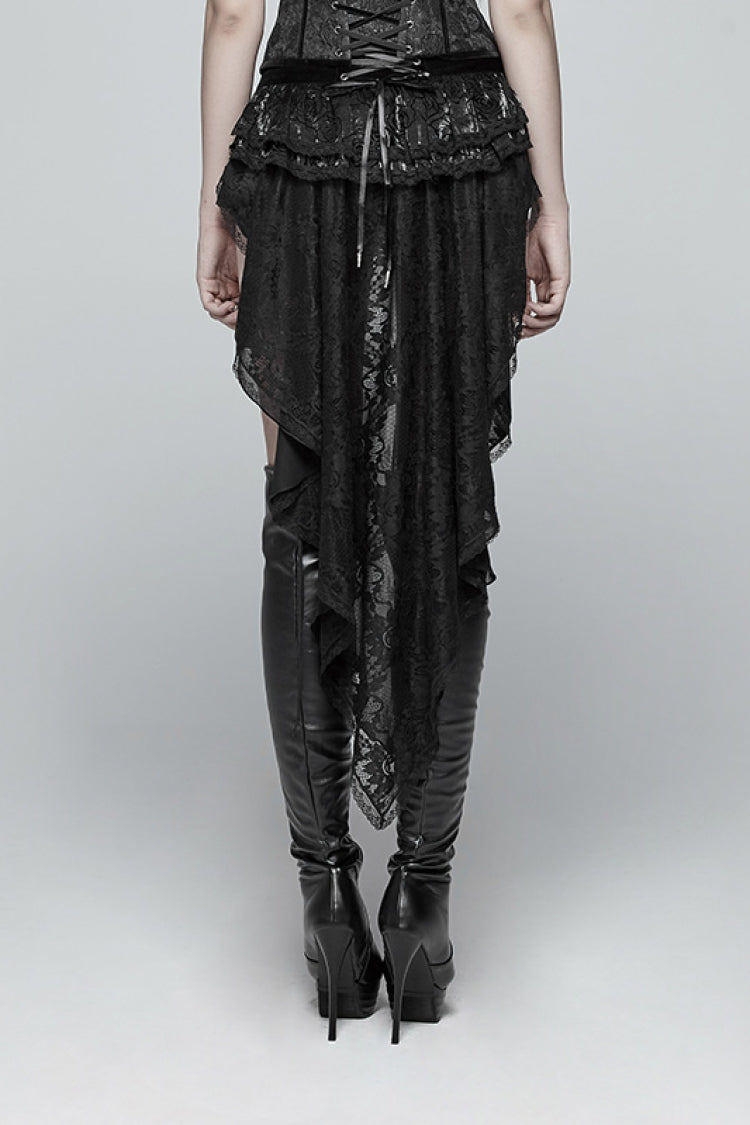 Black Ruffle Lace Lace-Up Women's Gothic Shorts with Long Train - Product - 3