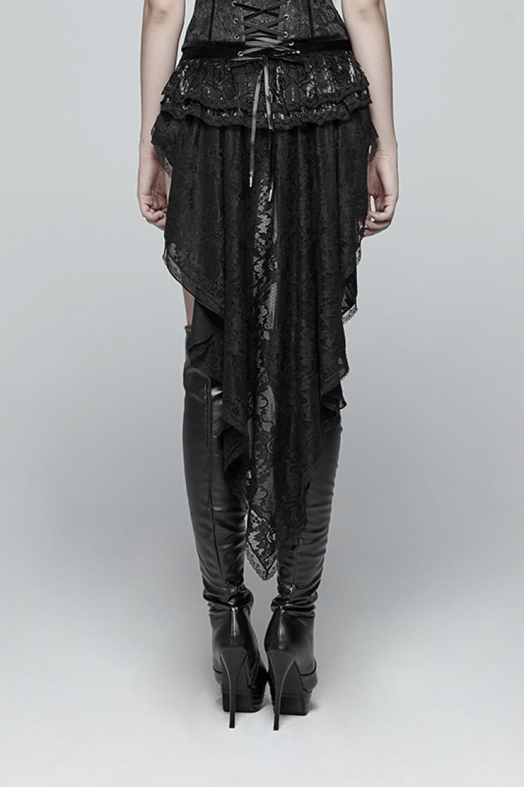 Black Ruffle Lace Lace-Up Women's Gothic Shorts with Long Train - Product - 3
