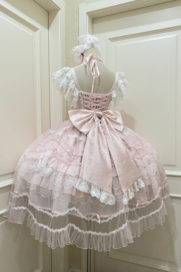 Pink [Eternal Vow] Sleeveless Multi-Layered Ruffle Hanayome Bowknot Lace Lace-Up Sweet Lolita Jsk Dress - Product - 3