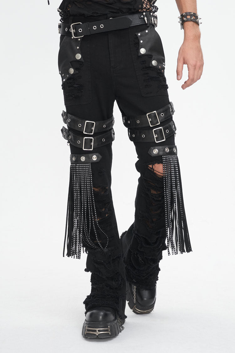 Black High Waisted Ripped Detachable Tassels  Men's Punk Pants - Black - 1