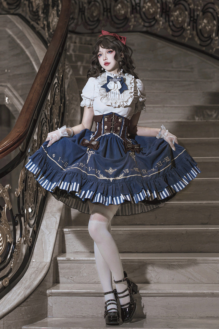 Blue Middle Ages Ruffle Embroidery Bowknot Classic Punk Vintage Lolita Skirt Full Set - Product - 3