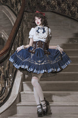 Blue Middle Ages Ruffle Embroidery Bowknot Classic Punk Vintage Lolita Skirt Full Set - Product - 3