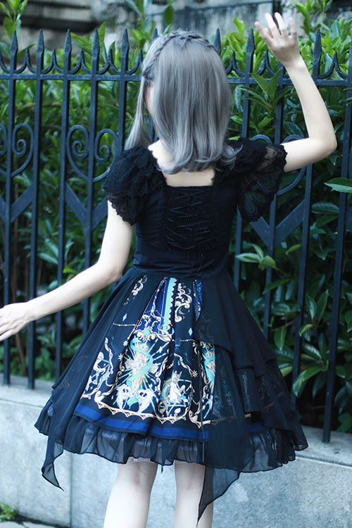 Black God's Salvation Square Collar Short Sleeves Lace Ruffled Gothic Lolita OP Dress - Product - 7