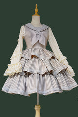 [From Afar] Sleeveless Triple-Layered Stripe Print Bowknot Sweet College Style Lolita Dress 2 Colors - Product - 17