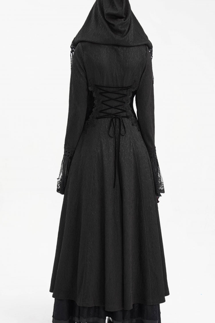 Black Buckle-up Tassels Hooded Women's Gothic Coat - Product - 5