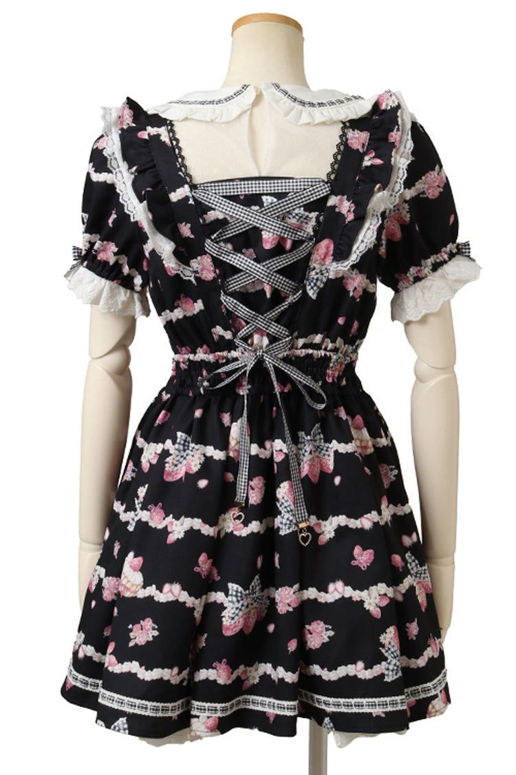 Black [Creamy Berry] Print Short Puff Sleeves Ruffle Bowknot Lace-Up Sweet Jirai Kei Japanese Dress - Product - 4