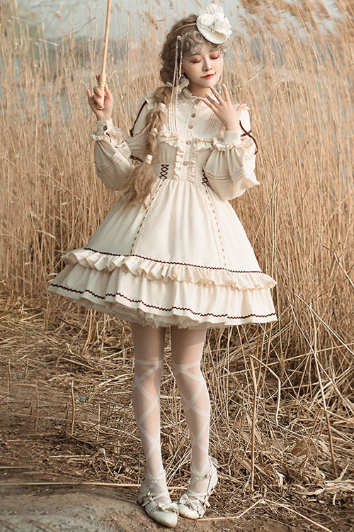 Beige Lantern Sleeves Multi-Layer Ruffled Removable Sweet Lolita OP Tiered Dress - Product - 2