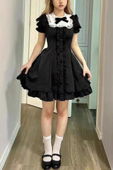 Black Annie's Gift Short Sleeves Bowknot Short Version Sweet Lolita Dress (Plus Size Support) - Black - 1