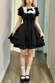 Black Annie's Gift Short Sleeves Bowknot Short Version Sweet (Plus Size Support) (Set) front view
