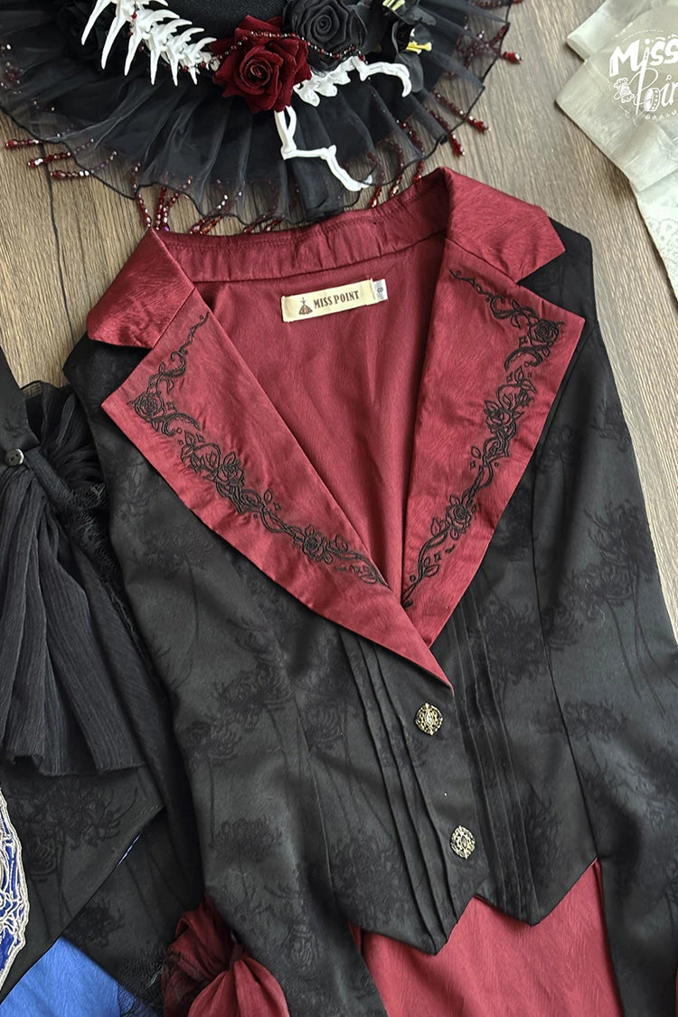 Black/Red [Moonlit Return] Jacquard Printed Lace-Up Gothic Elegant Ouji Lolita (Blouse/Pants/Shorts/Vest) - Product - 3