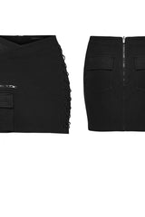 Black Lace-Up Slim Asymmetric Zippered Eyelet Women's Punk Handsome Skirt - Product - 6
