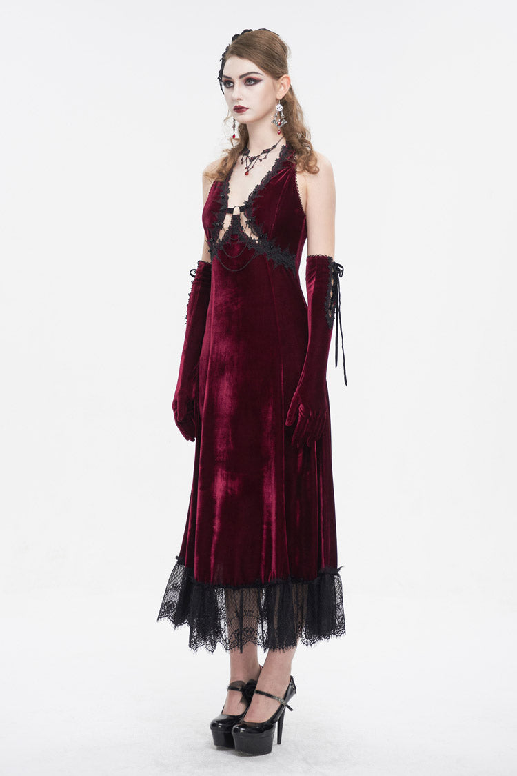Red Lace Up Lace Hem Slip Long Women's Gothic Dress - Product - 4