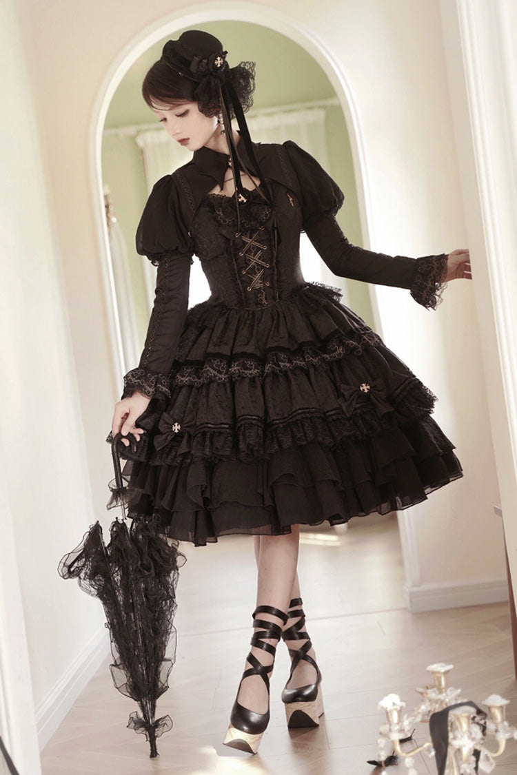 Black Double-Layered Ruffle Lace Gothic Ballet Lolita Jsk Dress - Black - 1