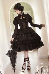Black Double-Layered Ruffle Lace Gothic Ballet Lolita Jsk Dress - Black - 1