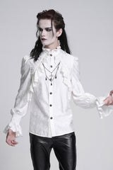 White Stand Collar Long Sleeves Ruffle Lace Cross Men's Gothic Blouse - Product - 4