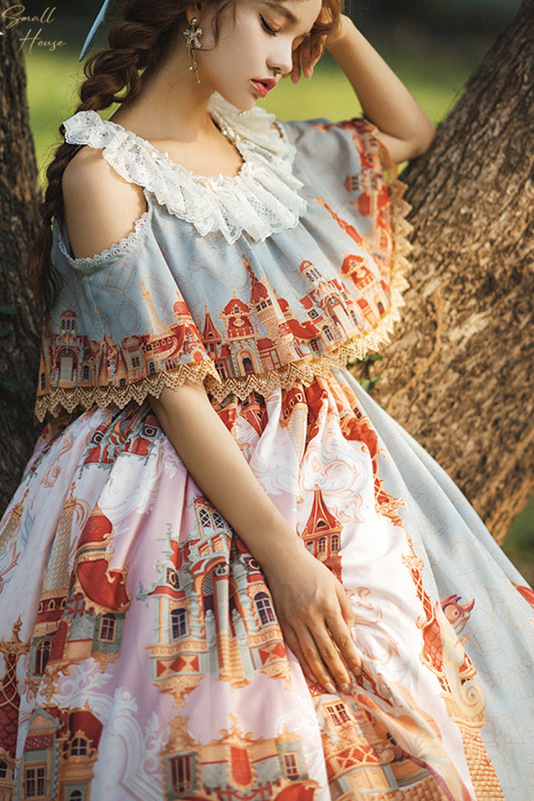 Multi-Color European Architectural Oil Painting Print Off Shoulder Short Sleeves Bowknot Sweet Lolita Dress - Product - 10