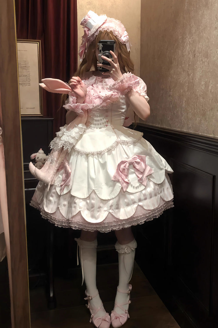 White/Pink Sleeveless Multi-Layered Ruffle Bowknot Lace Pearl Sweet Lolita Jsk Dress - Product - 4