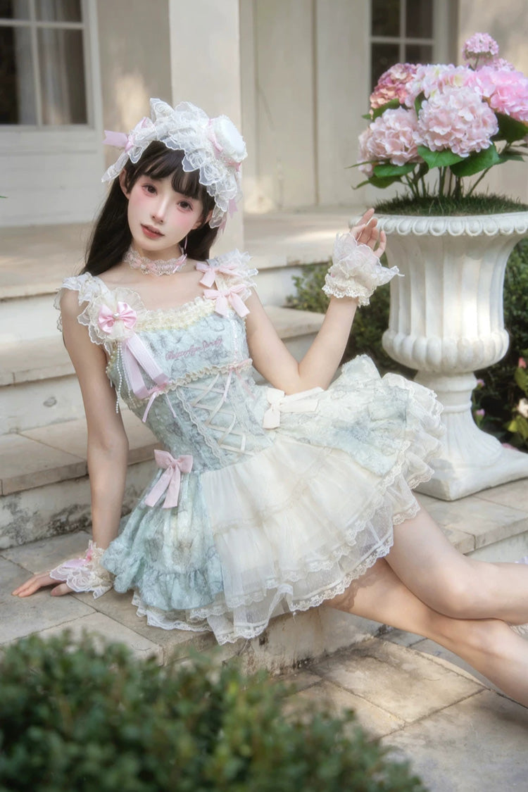 [Summer Butterfly] Square Collar Flutter Sleeves Multi-Layered Printed Ruffled Bow Lace Sweet Lolita Jsk Dress 5 Colors (Blue, Pink, Purple, Green, Beige) - Product - 10