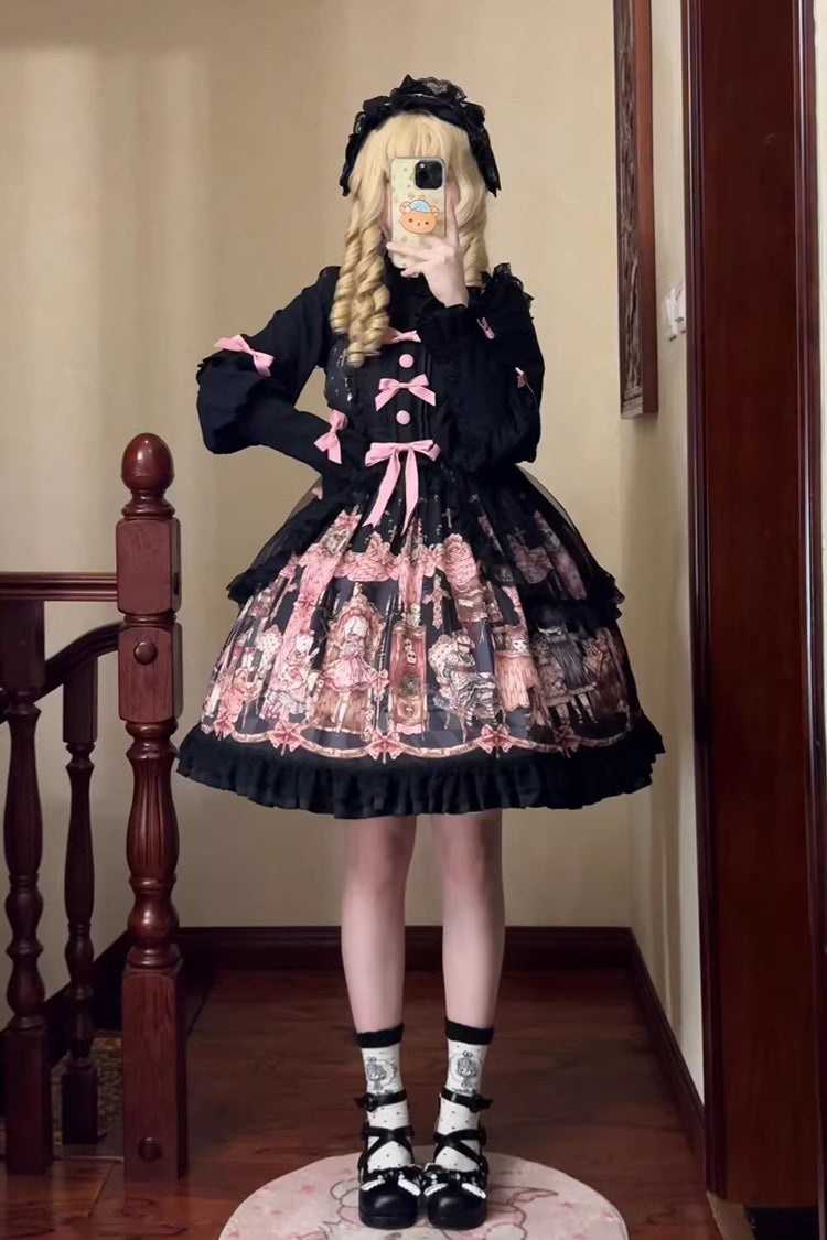 Black [The Case of the Missing Lamb] Print Ruffle Bowknot Lace Gothic Lolita Jsk Dress - Product - 10