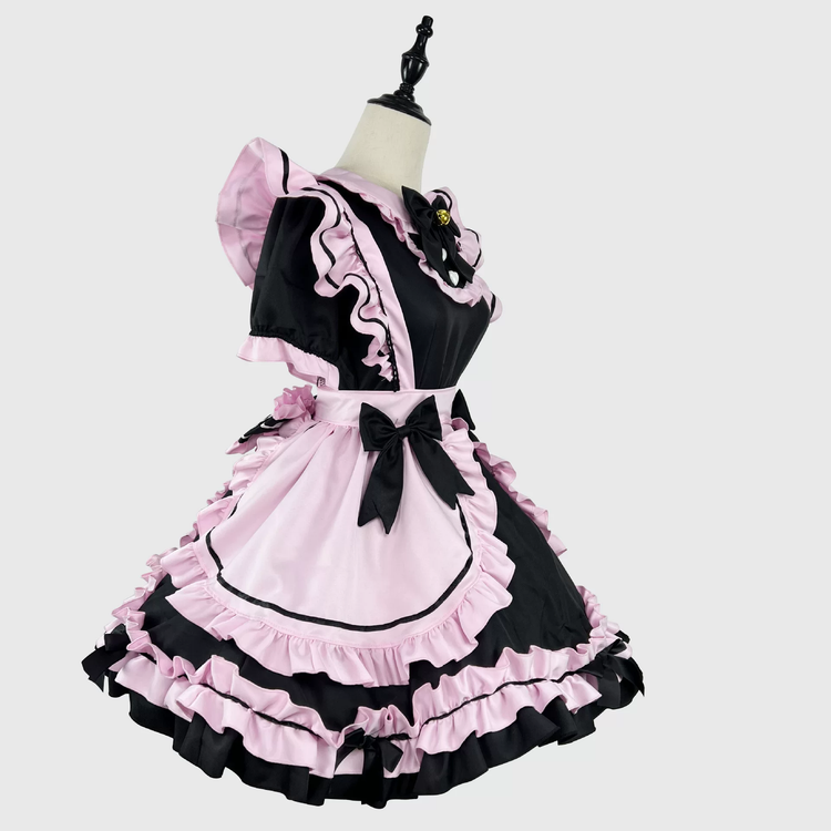 Black and Pink Ruffled Maid Style Dress with Headpiece Accent - view 2