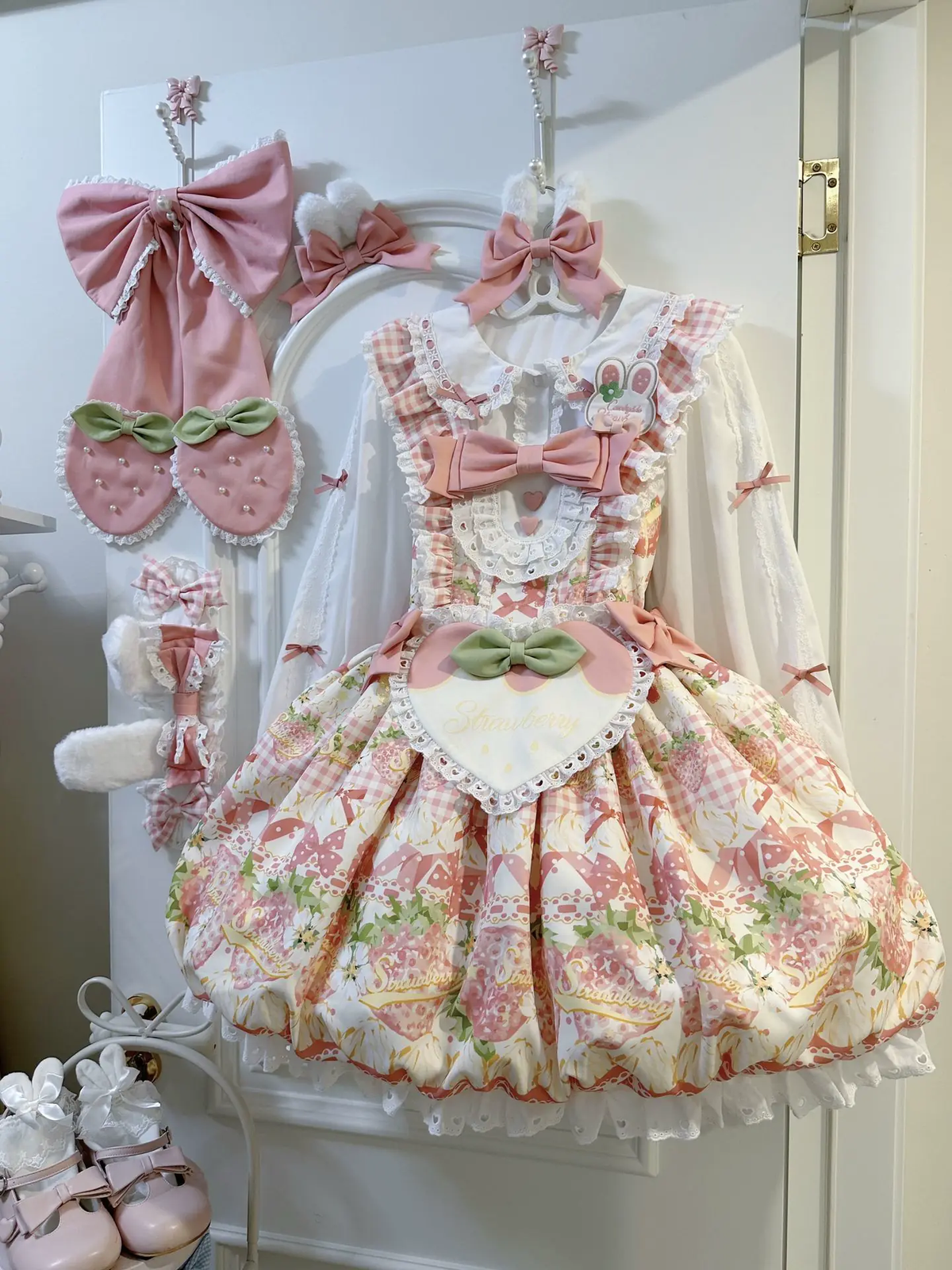 Strawberry Print Ruffled Maid Lolita Dress Set with Apron - view 3