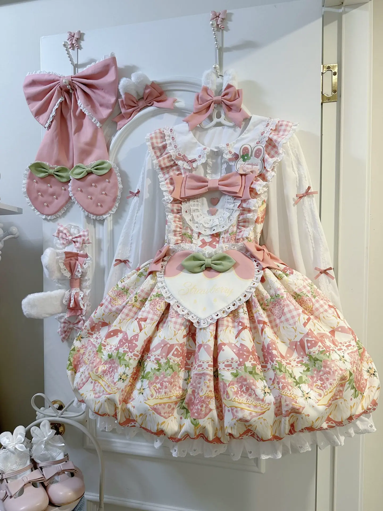 Strawberry Print Ruffled Maid Lolita Dress Set with Apron - view 3