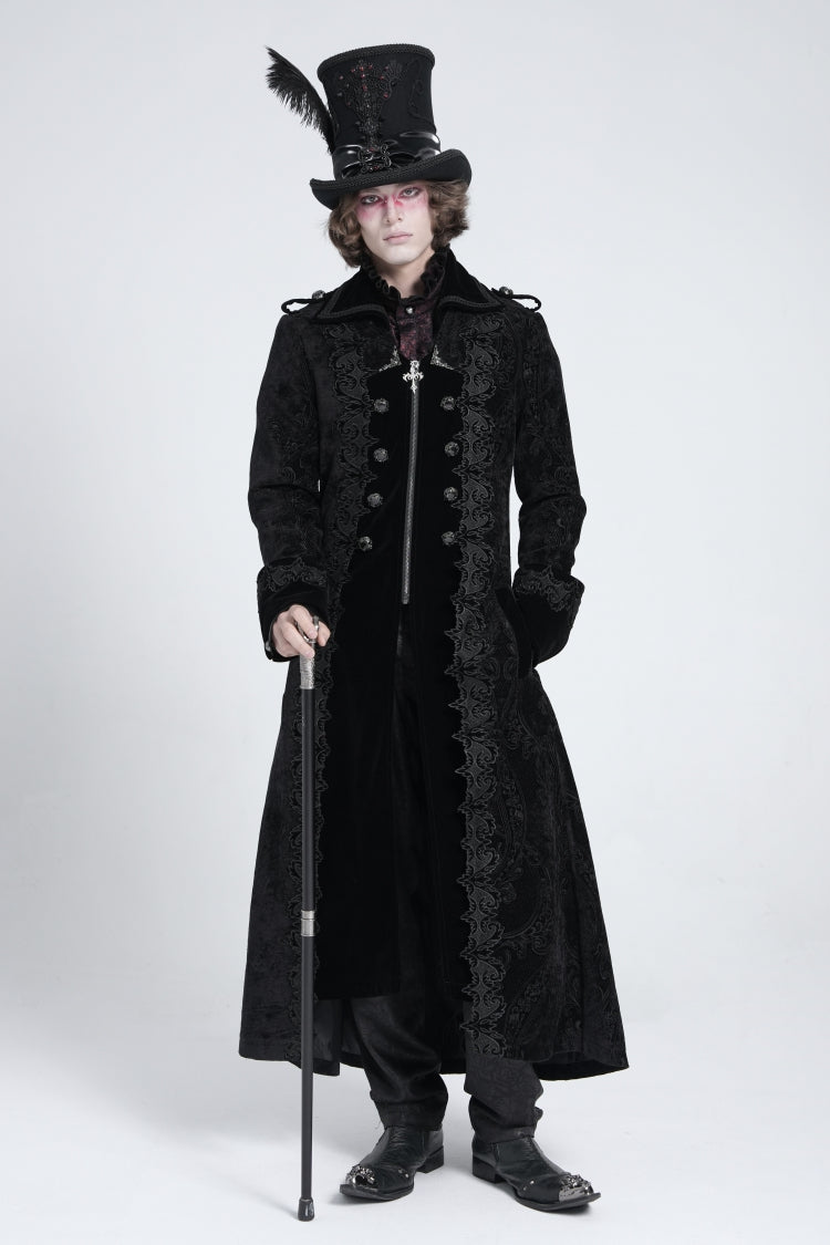 Black Lapel Collar Embroidery Zipper Men's Gothic Handsome Coat - Product - 5