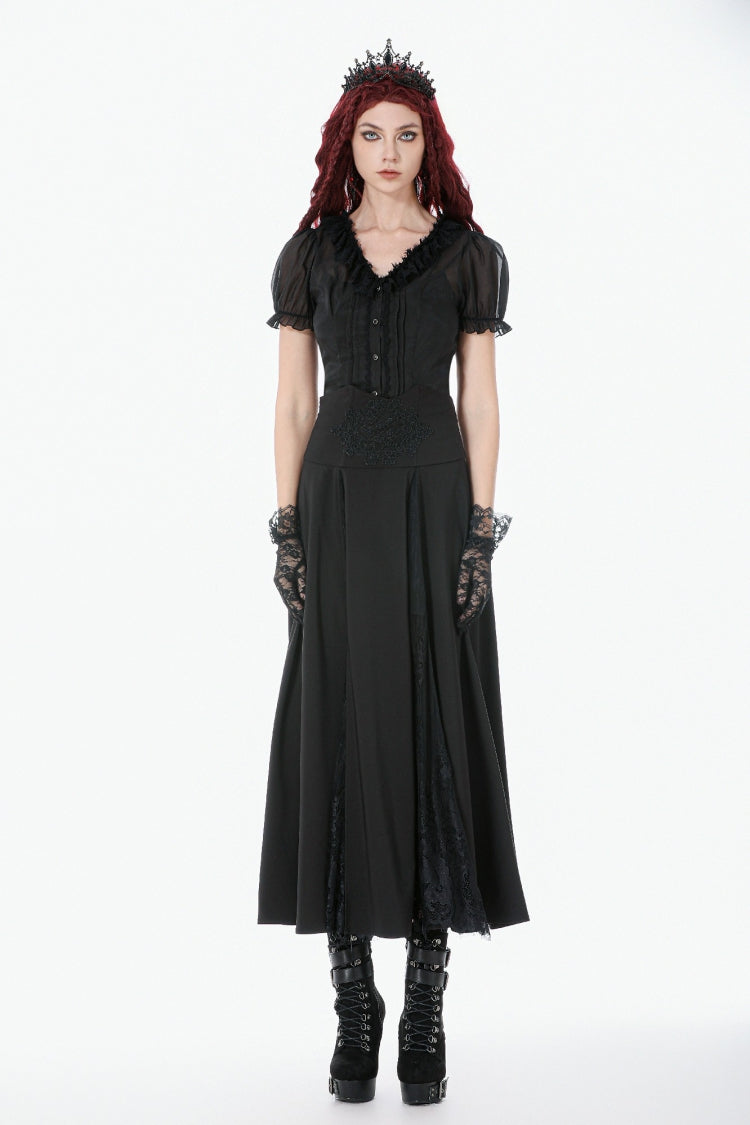Black High Waisted Floral Printed Lace Mesh Women's Gothic Elegant Long Skirt - Product - 5