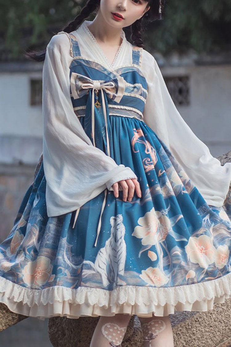 Blue White Tiger And Flowers Print Bowknot Chinese Style Classic Lolita Jsk Dress - blue - 1