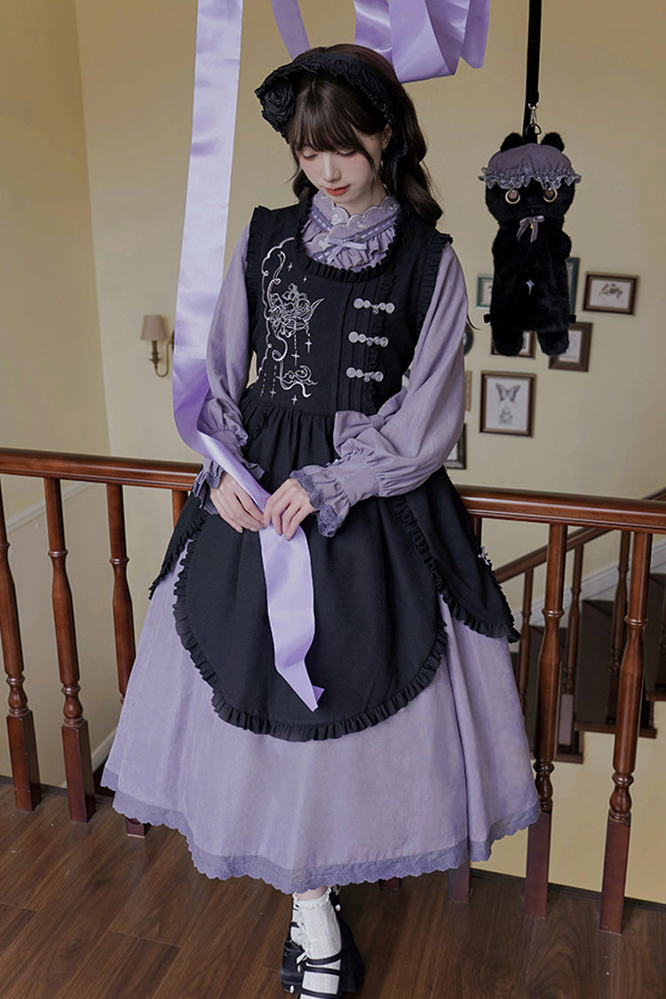 Black/Purple Petal Collar Drawstring Long Sleeves Embroidery Sweet Chinese Style Lolita Dress Two-piece Set - Product - 12