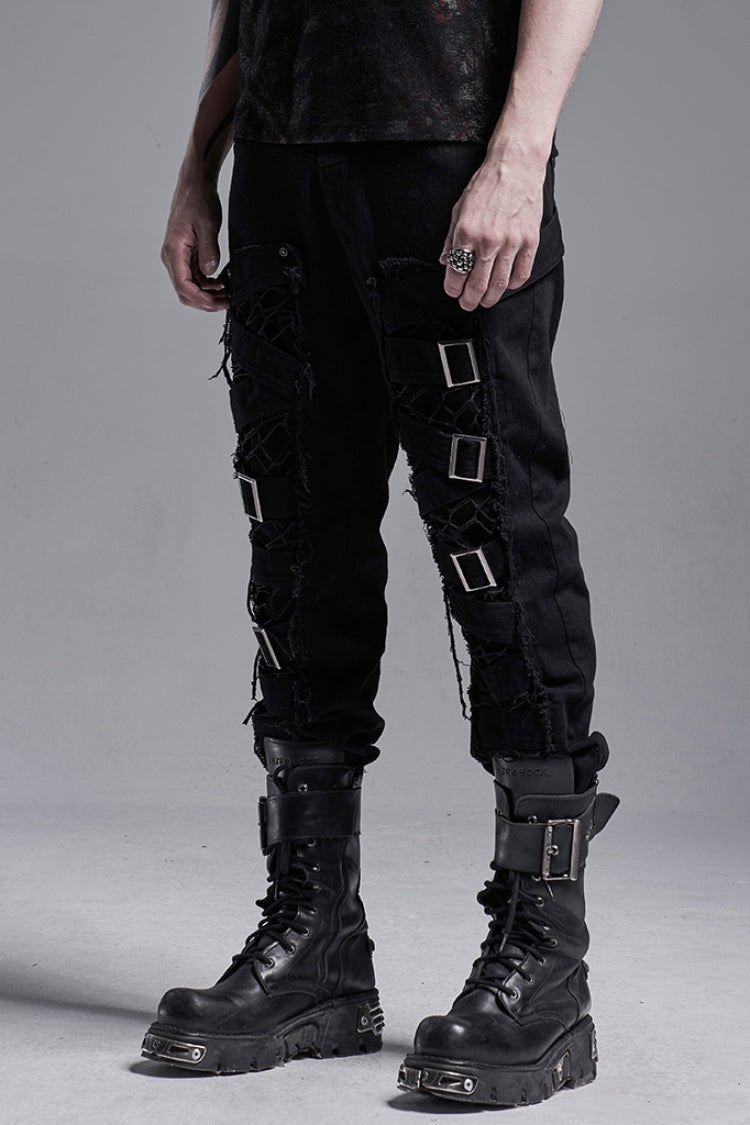Black Metal Buckle Bandage Hollow Stitching Irregular Ripped Men's Gothic Pants - Product - 2