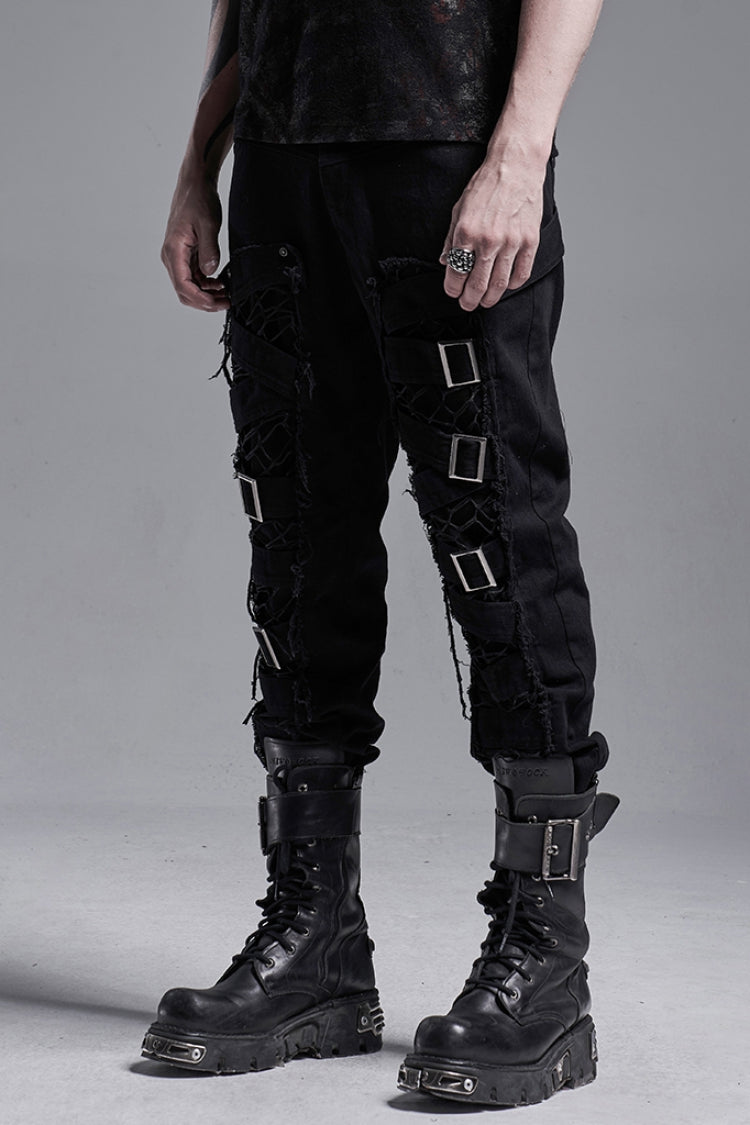 Black Metal Buckle Bandage Hollow Stitching Irregular Ripped Men's Gothic Pants - Product - 2