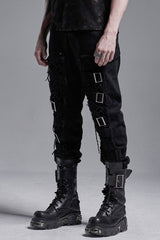 Black Metal Buckle Bandage Hollow Stitching Irregular Ripped Men's Gothic Pants - Product - 2