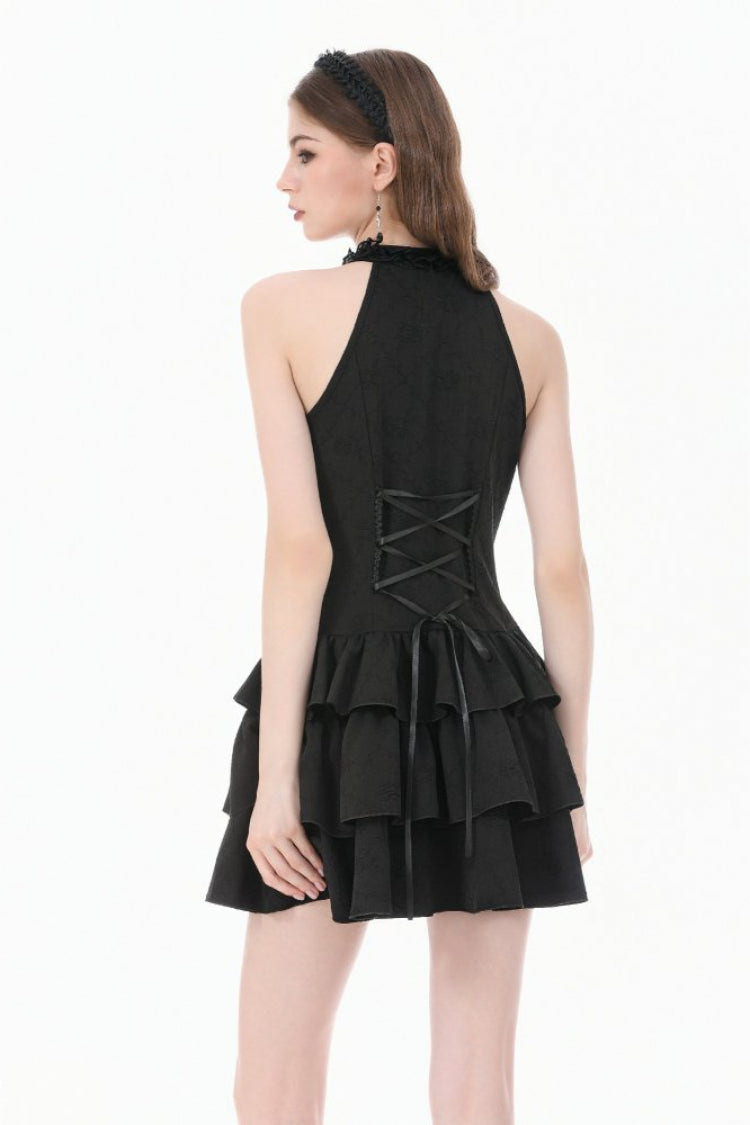 Black Off Shoulder Lace Halterneck Triple-Layered Ruffled Cut-Out Lace-Up Women's Gothic Dress - Product - 4