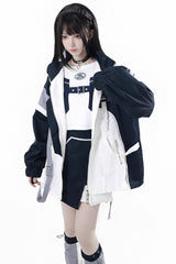 Blue/White [Message Overload] Techwear Long Sleeves Embroidered Asymmetric Jirai Kei Coat Skirt Set - Product - 2